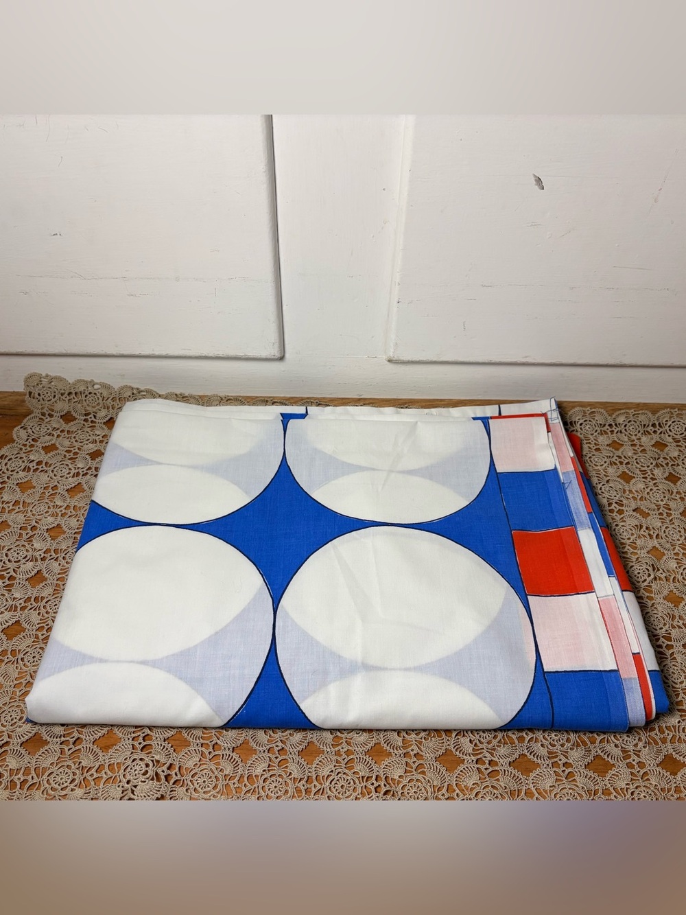 Vintage 70s Vera Collection Burlington Red Blue Op Art Geometric Flat Sheet